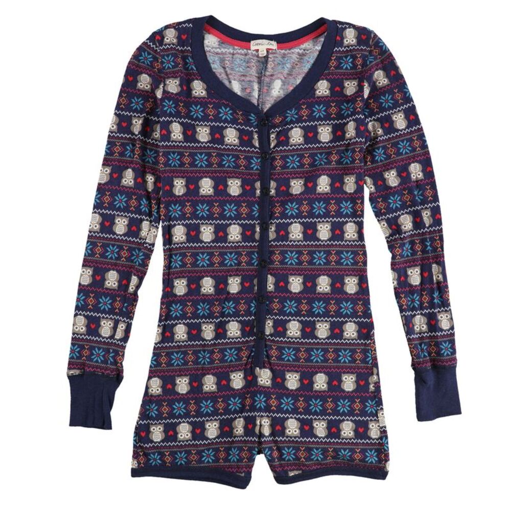 Cosmic Love Womens Fair Isle Owl Bodysuit Jumpsuit Pajama, NWT
